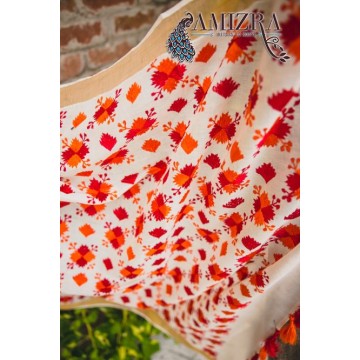 PHULKARI-ETERNAL WHITE/RED AND ORANGE  Hand Embroidered Phulkari